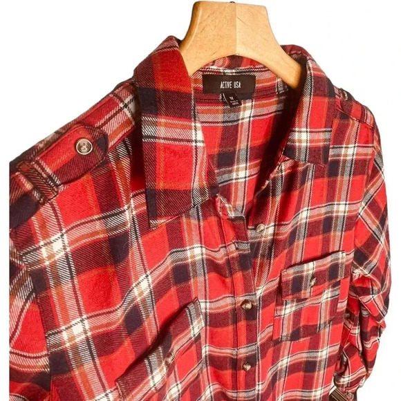 Active USA Women's Red, Navy, Tan & White Plaid Flannel Mini Belted Dress - Picture 5 of 14